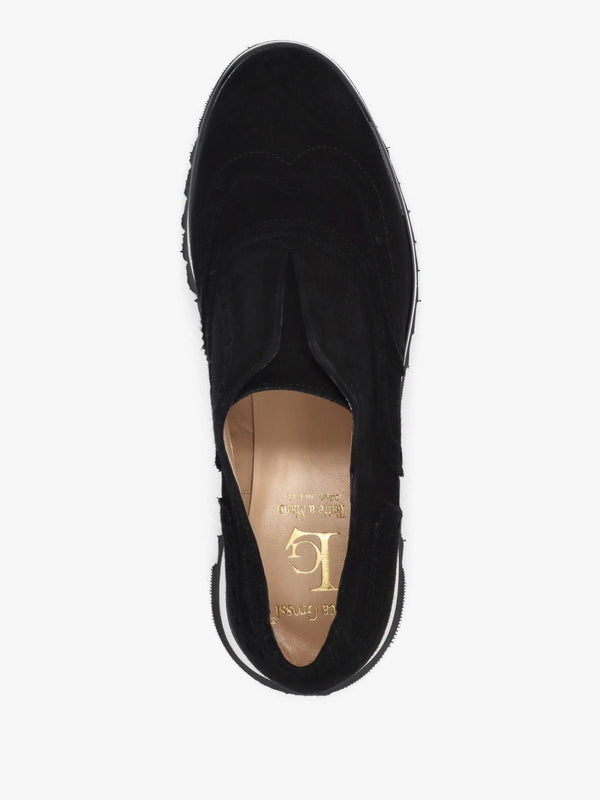 Black Suede Slip On Slab Sole Brogues