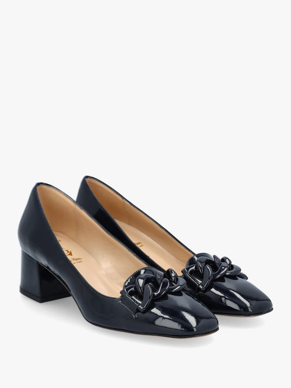 Navy Patent Leather Block Heel Court Shoes