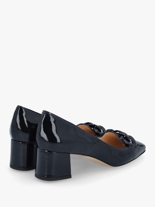 Navy Patent Leather Block Heel Court Shoes