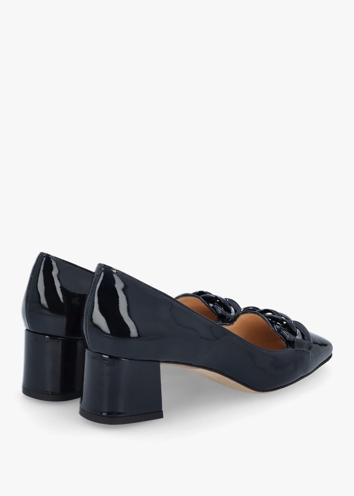 Navy Patent Leather Block Heel Court Shoes