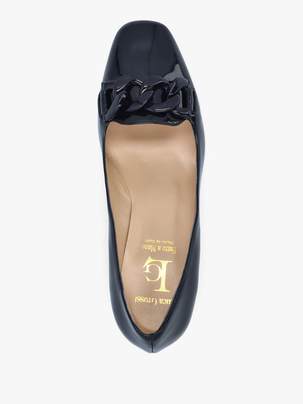Navy Patent Leather Block Heel Court Shoes