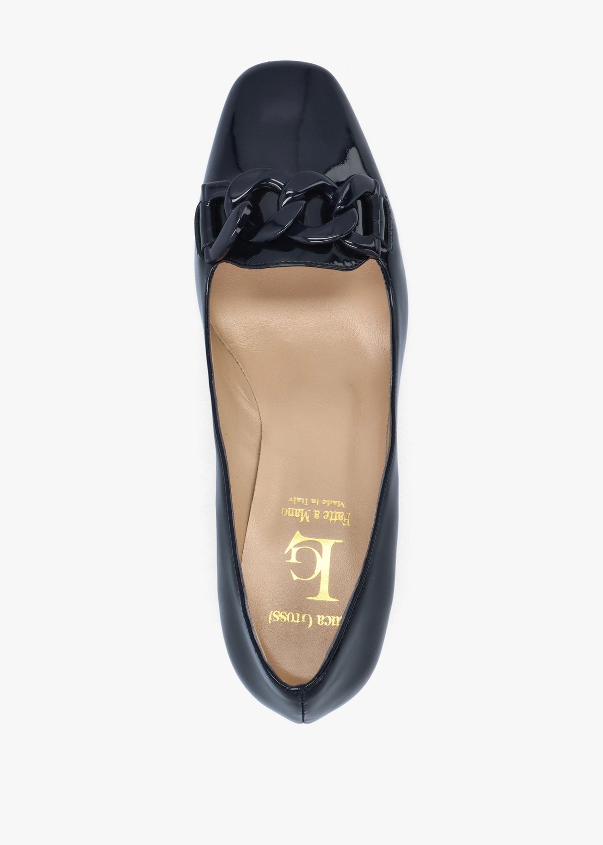 Navy Patent Leather Block Heel Court Shoes