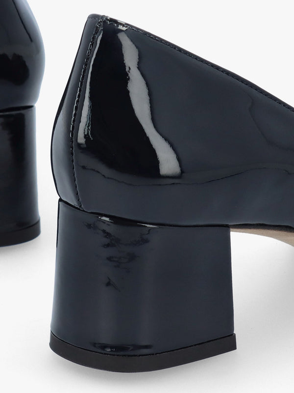 Navy Patent Leather Block Heel Court Shoes
