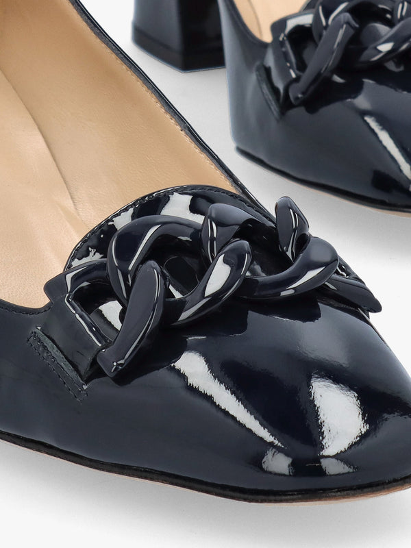 Navy Patent Leather Block Heel Court Shoes