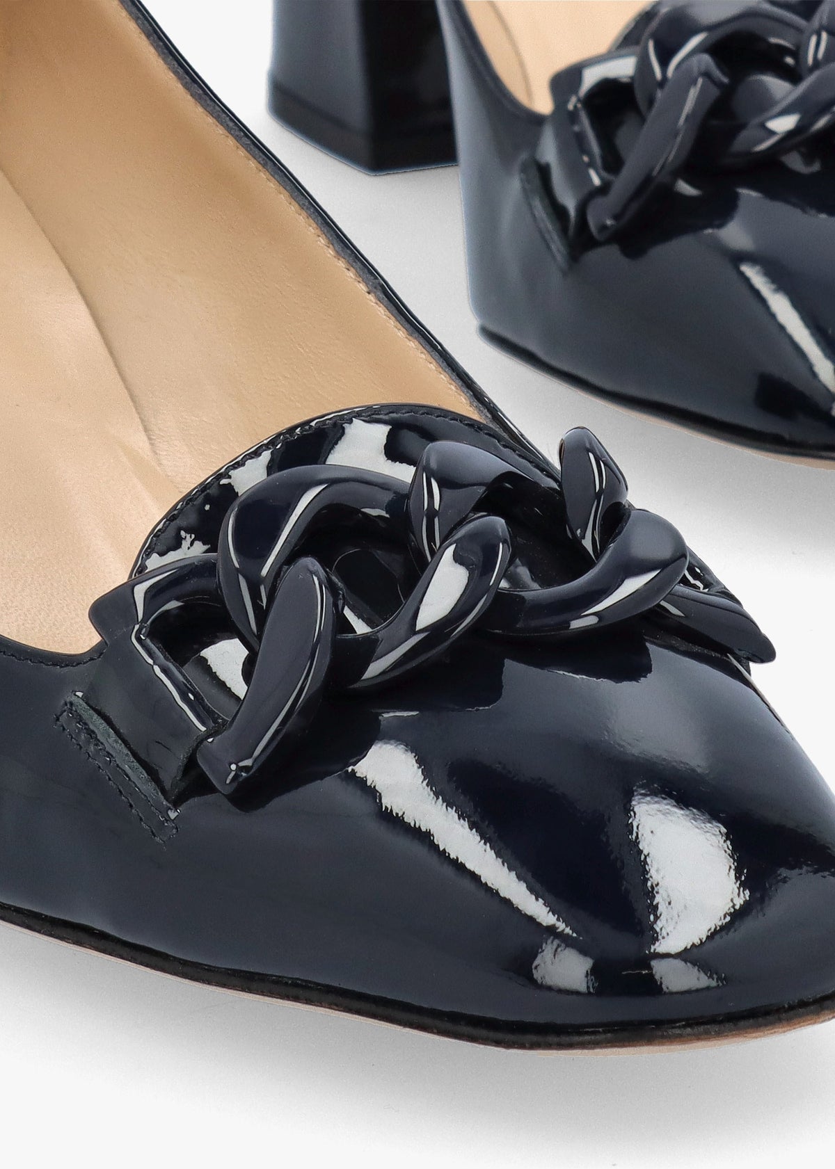 Navy Patent Leather Block Heel Court Shoes