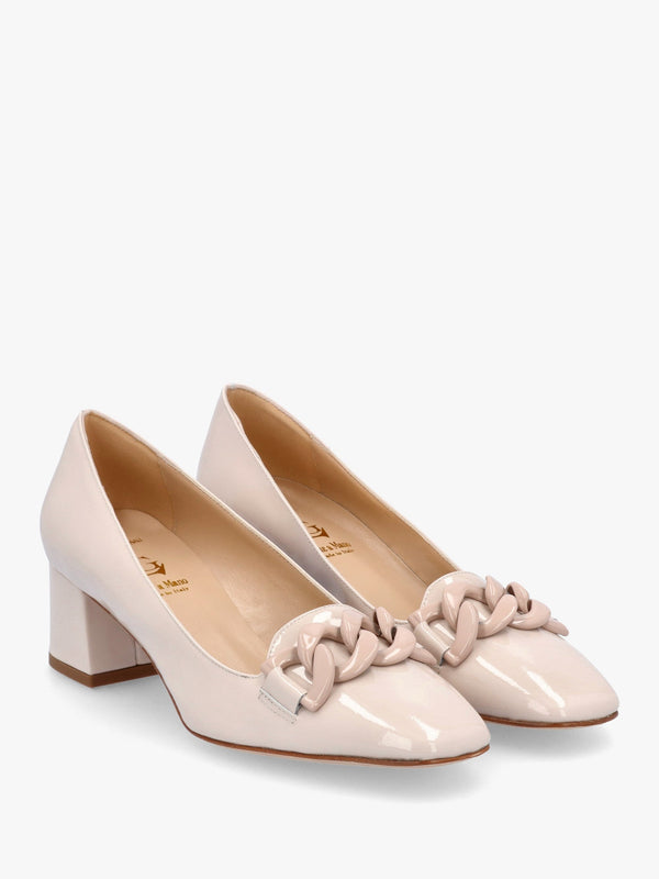 Cream Patent Leather Block Heel Court Shoes