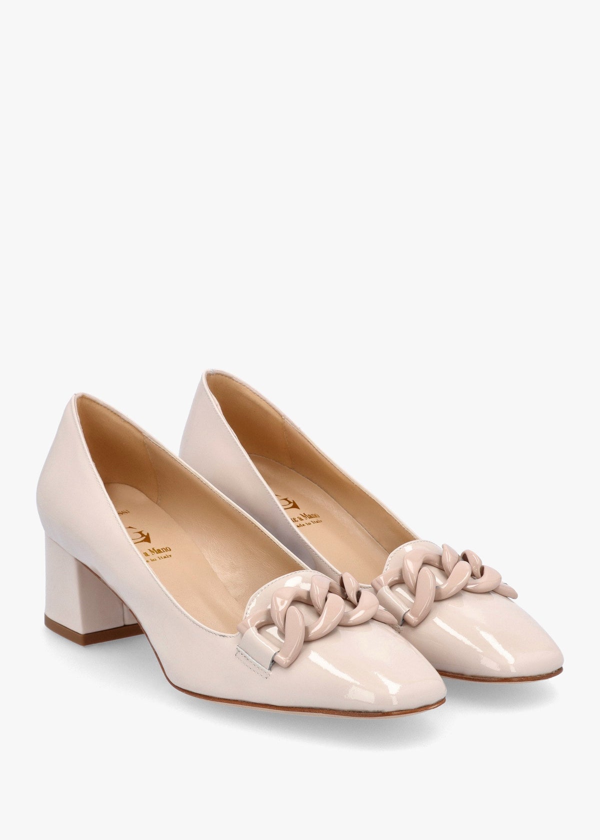 Cream Patent Leather Block Heel Court Shoes