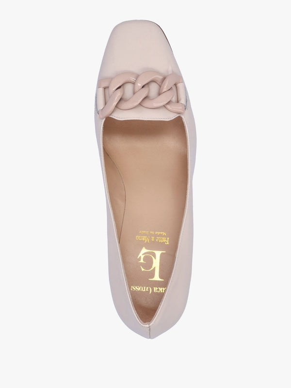 Cream Patent Leather Block Heel Court Shoes