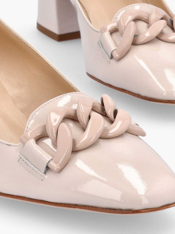 Cream Patent Leather Block Heel Court Shoes
