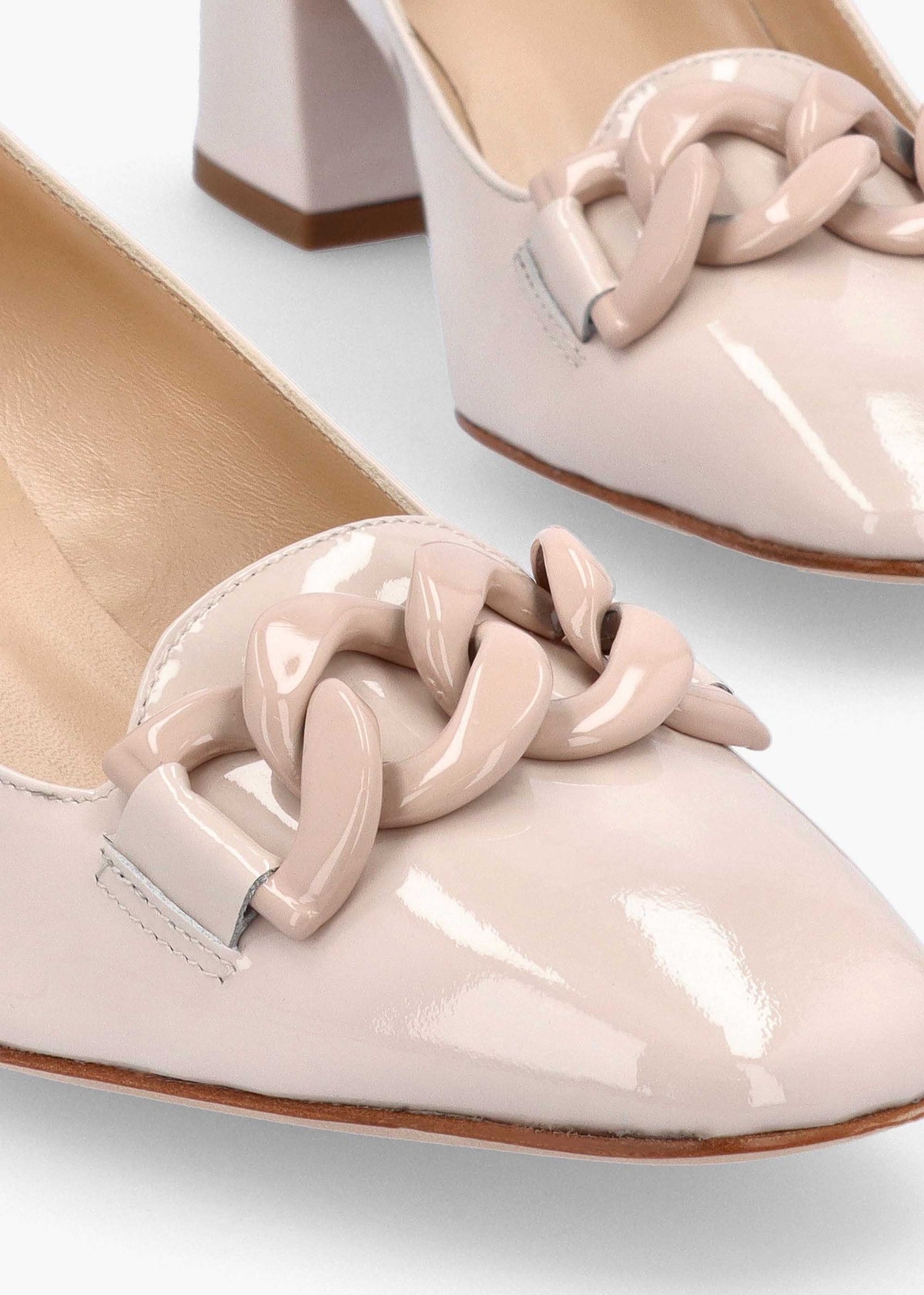 Cream Patent Leather Block Heel Court Shoes