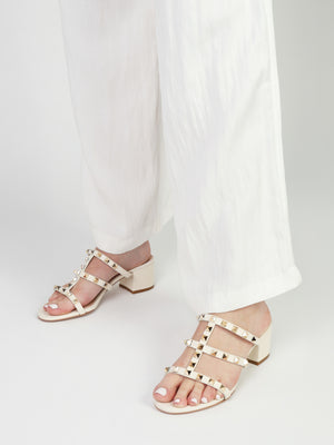 Studder Off White Leather Embellished Block Heeled Mules