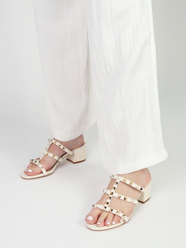 Studder Off White Leather Embellished Block Heeled Mules