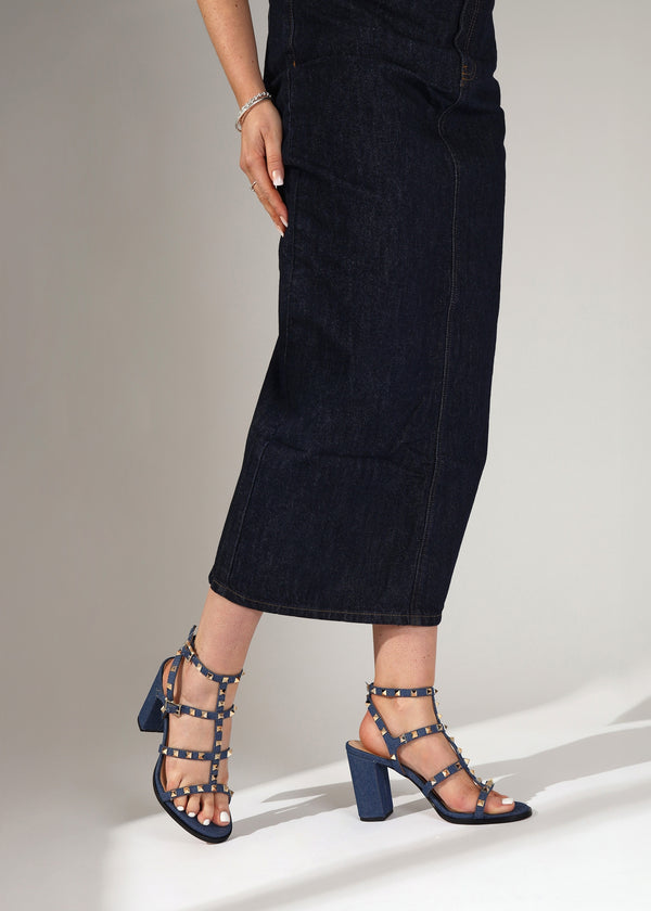 Pitter Denim Studded Block Heeled Sandals