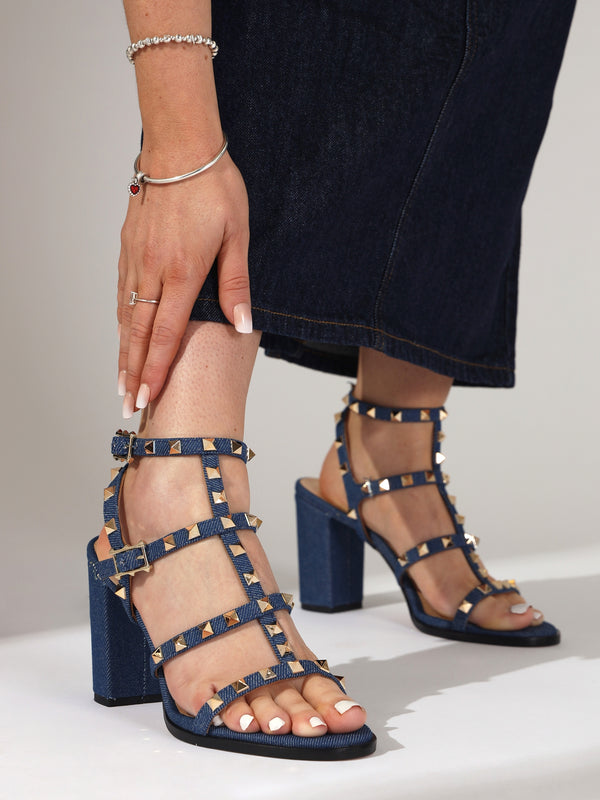 Pitter Denim Studded Block Heeled Sandals