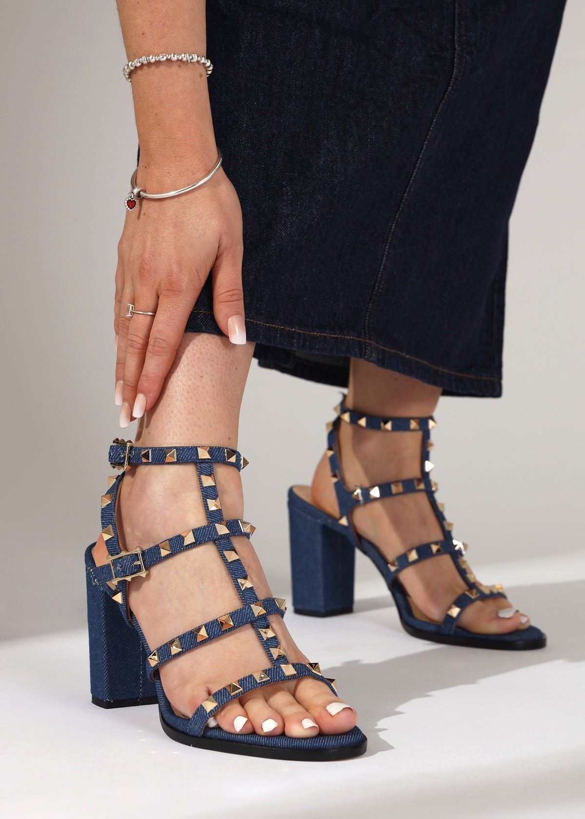 Pitter Denim Studded Block Heeled Sandals