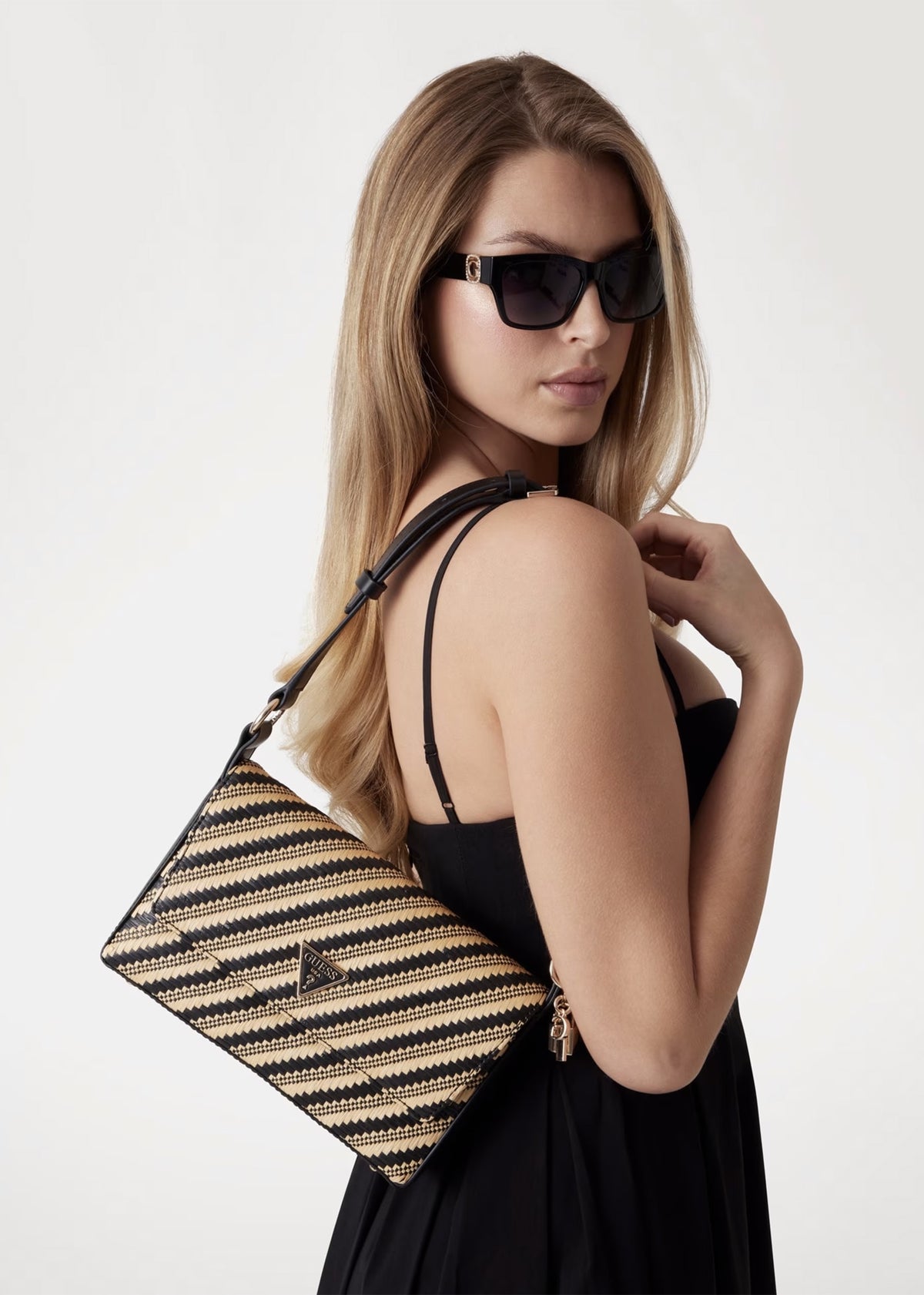 Simona Woven Natural Black Shoulder Bag