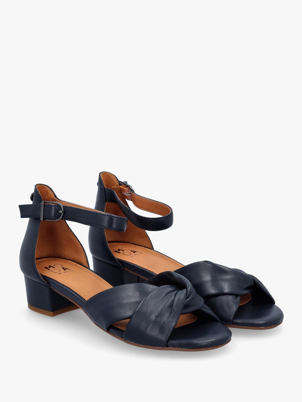 Macadamia Navy Leather Low Block Heel Sandals