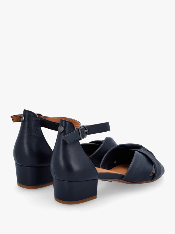 Macadamia Navy Leather Low Block Heel Sandals