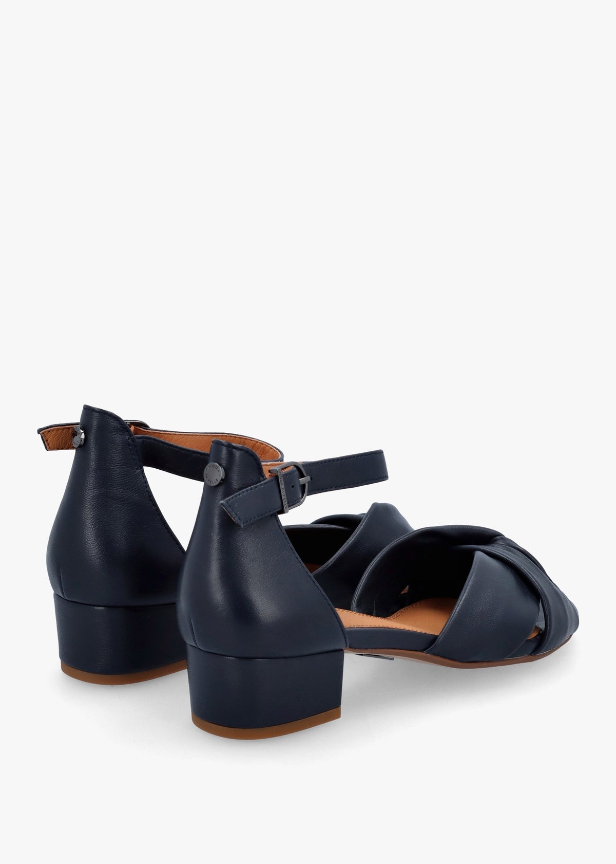 Macadamia Navy Leather Low Block Heel Sandals