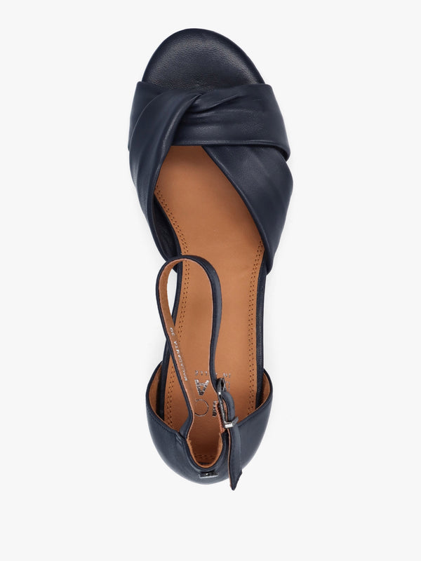 Macadamia Navy Leather Low Block Heel Sandals