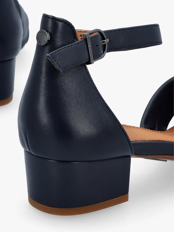 Macadamia Navy Leather Low Block Heel Sandals