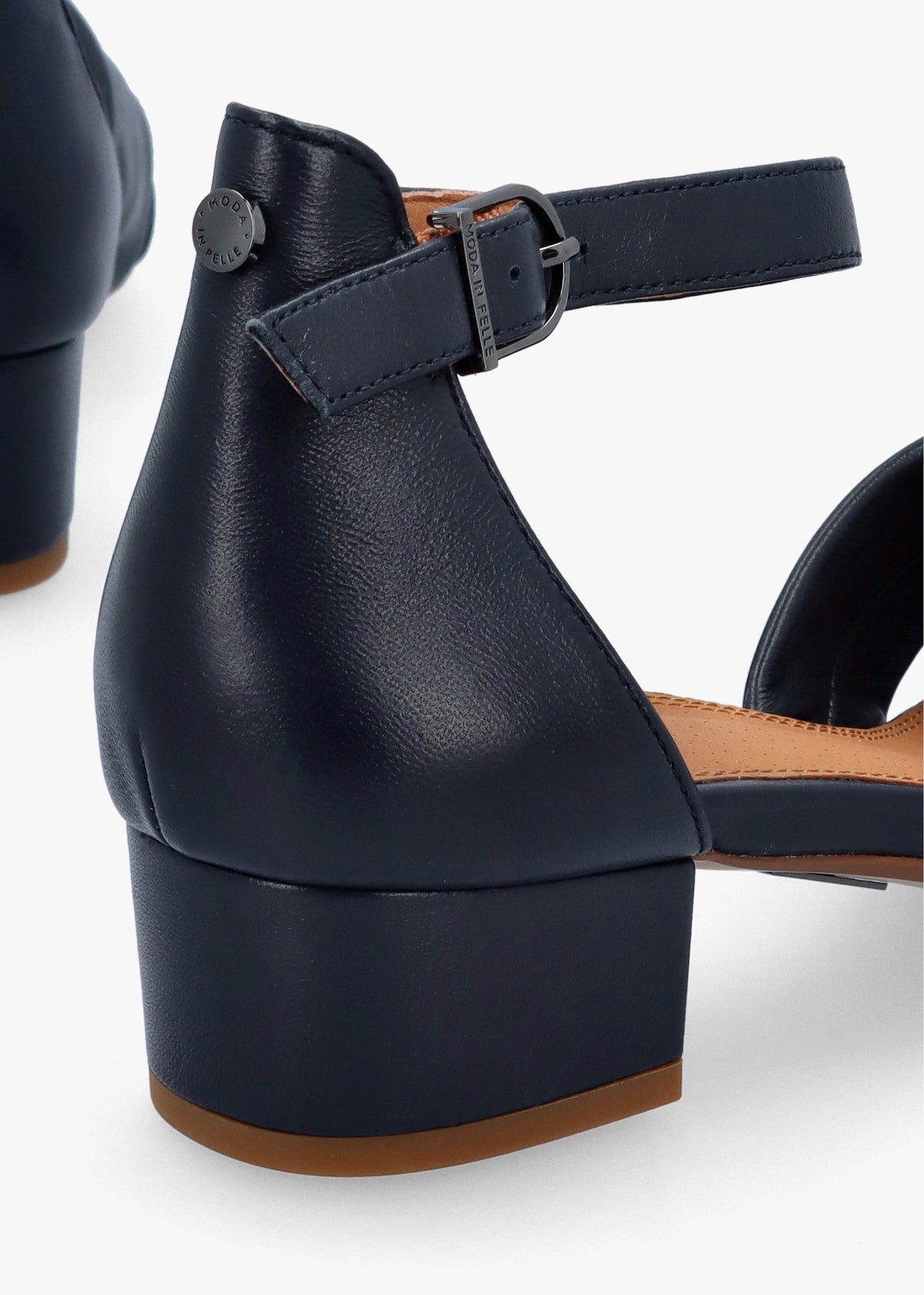 Macadamia Navy Leather Low Block Heel Sandals