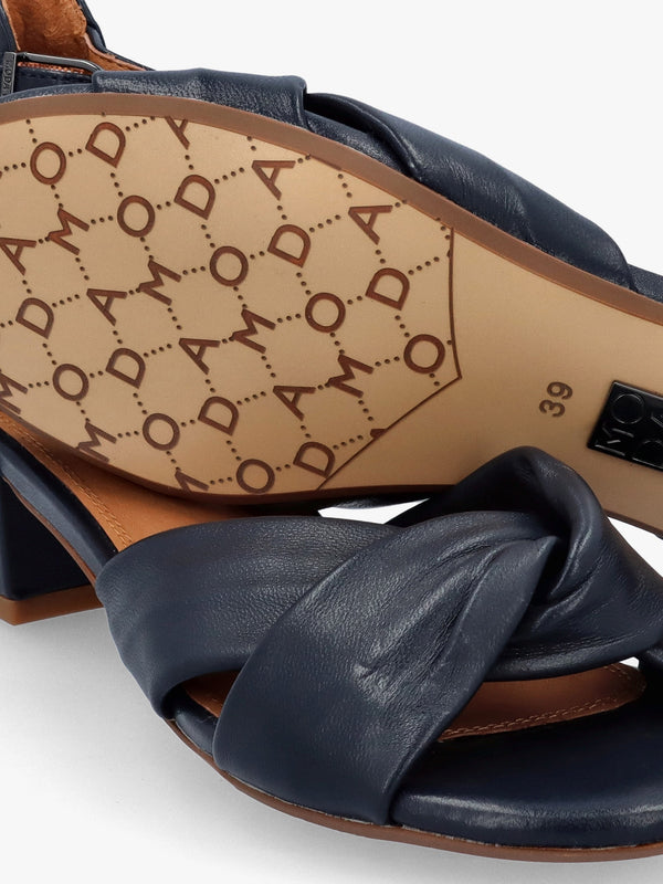 Macadamia Navy Leather Low Block Heel Sandals
