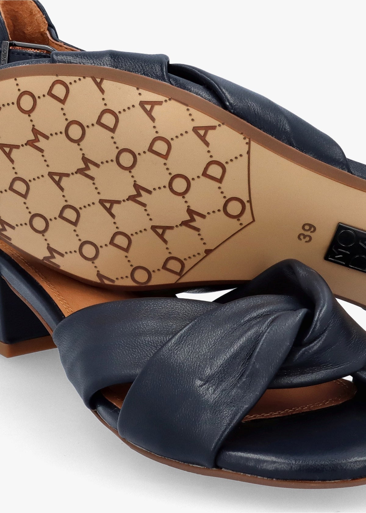 Macadamia Navy Leather Low Block Heel Sandals