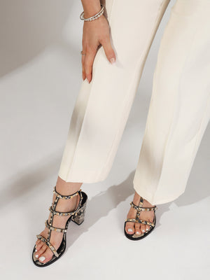 Pitter Beige Reptile Leather Studded Block Heeled Sandals