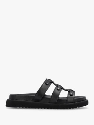 Ilene Black Leather Three Bar Chunky Mules