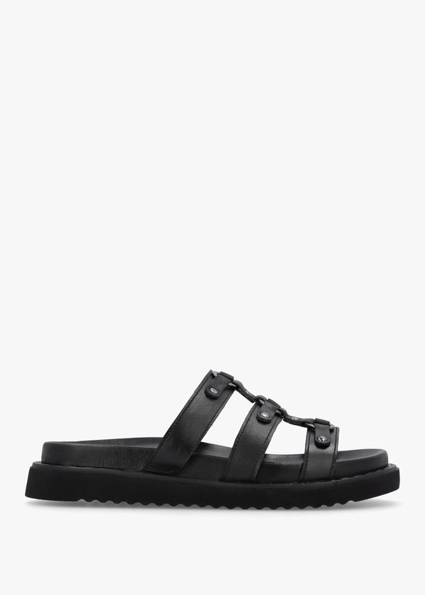 Ilene Black Leather Three Bar Chunky Mules