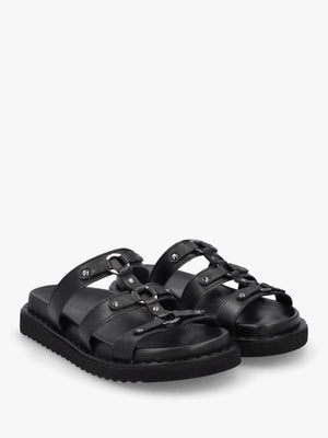 Ilene Black Leather Three Bar Chunky Mules