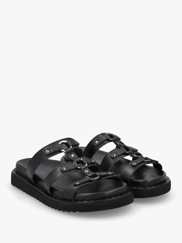 Ilene Black Leather Three Bar Chunky Mules