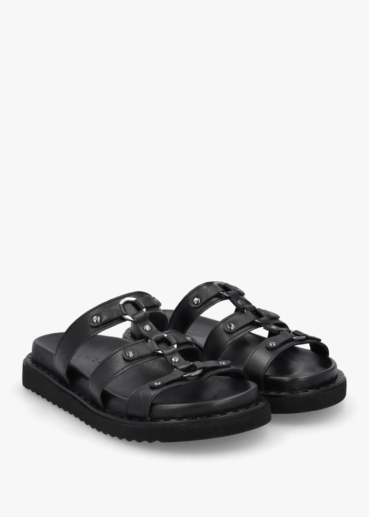 Ilene Black Leather Three Bar Chunky Mules