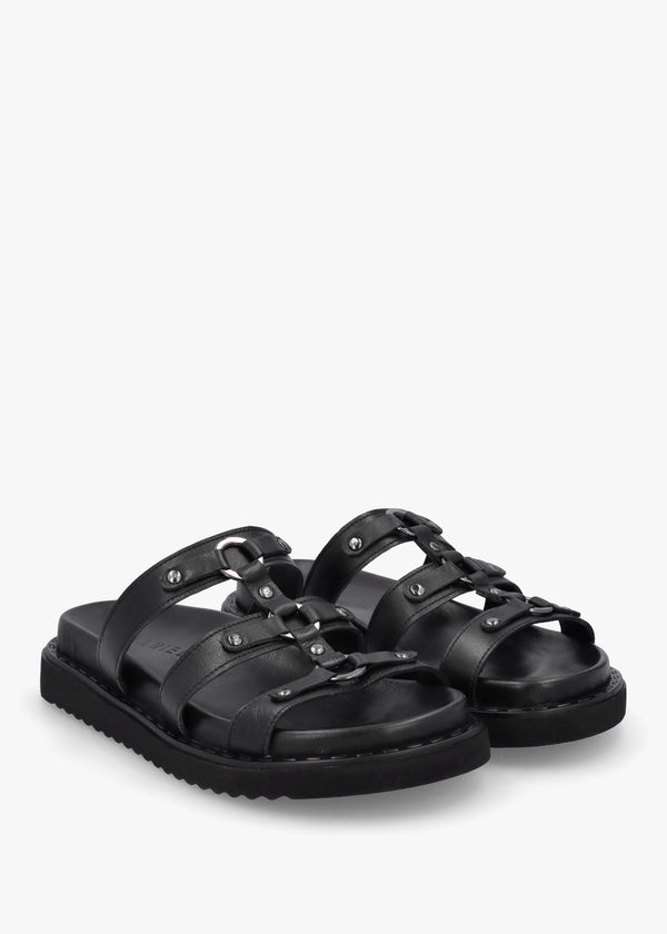 Ilene Black Leather Three Bar Chunky Mules