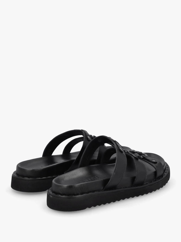 Ilene Black Leather Three Bar Chunky Mules