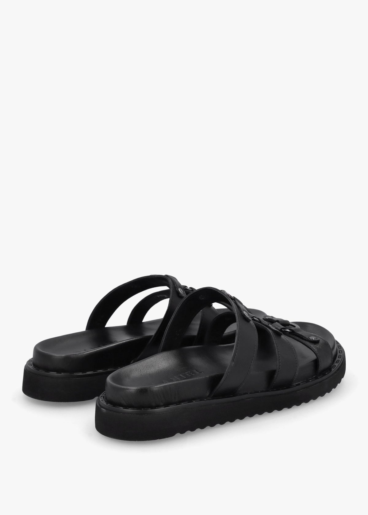 Ilene Black Leather Three Bar Chunky Mules