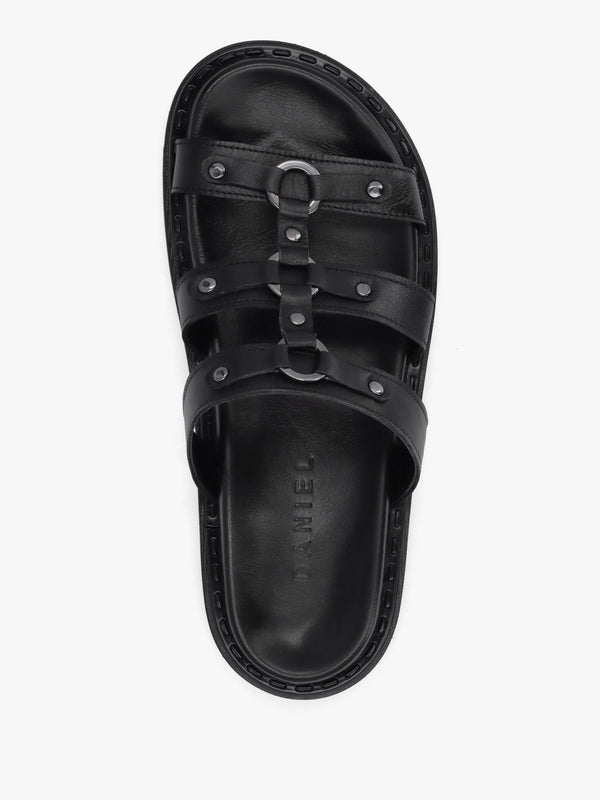 Ilene Black Leather Three Bar Chunky Mules