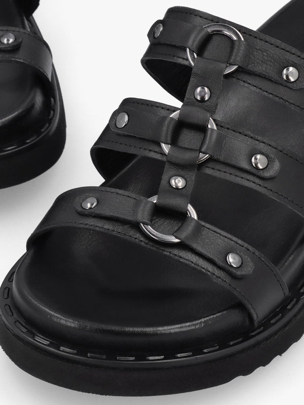 Ilene Black Leather Three Bar Chunky Mules