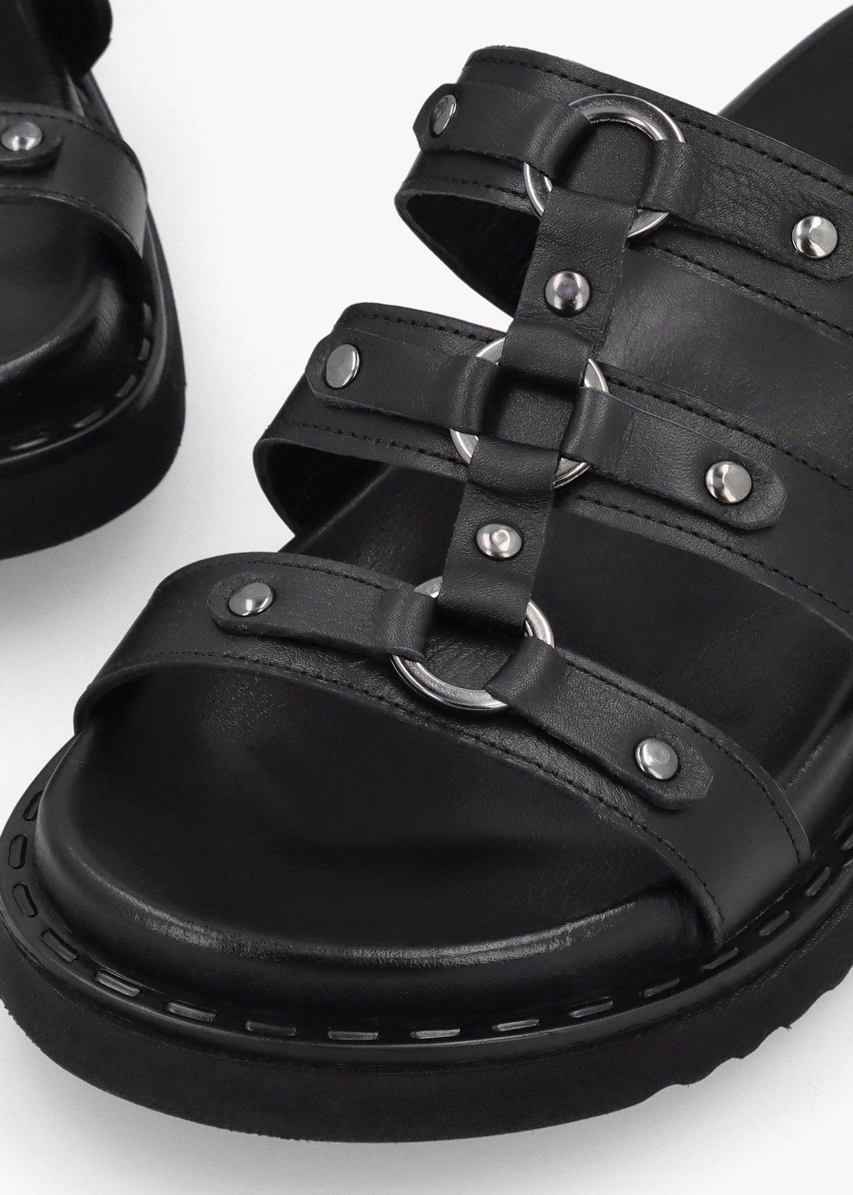 Ilene Black Leather Three Bar Chunky Mules
