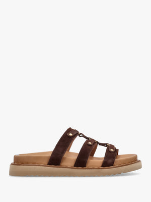 Ilene Brown Suede Three Bar Chunky Mules