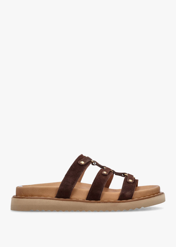 Ilene Brown Suede Three Bar Chunky Mules