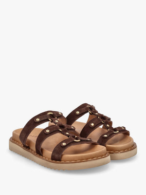 Ilene Brown Suede Three Bar Chunky Mules