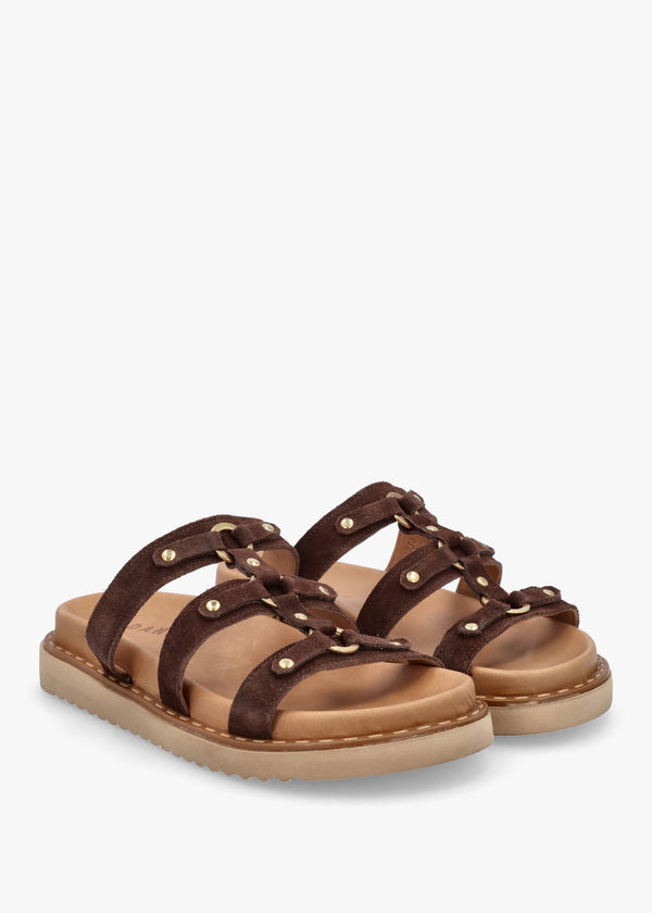 Ilene Brown Suede Three Bar Chunky Mules