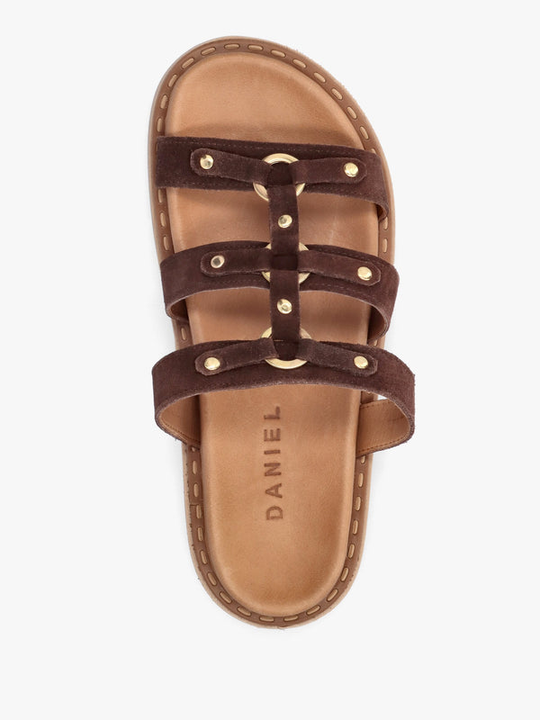 Ilene Brown Suede Three Bar Chunky Mules