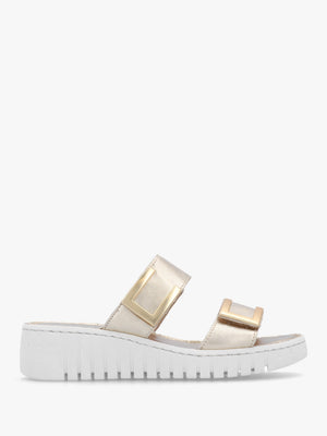 Lorli Gold Leather Two Strap Low Wedge Sandals