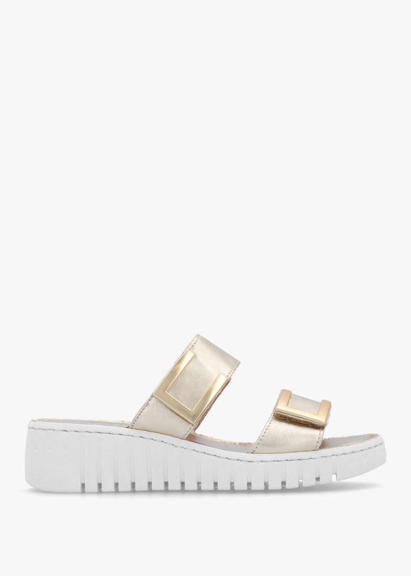 Lorli Gold Leather Two Strap Low Wedge Sandals