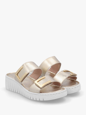Lorli Gold Leather Two Strap Low Wedge Sandals