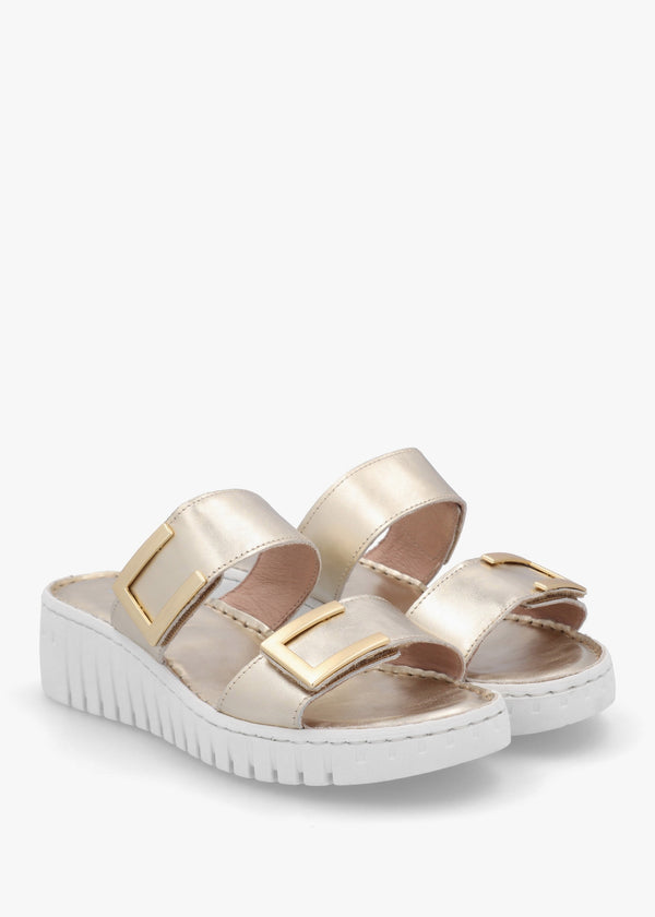 Lorli Gold Leather Two Strap Low Wedge Sandals