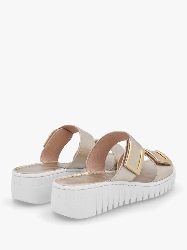 Lorli Gold Leather Two Strap Low Wedge Sandals